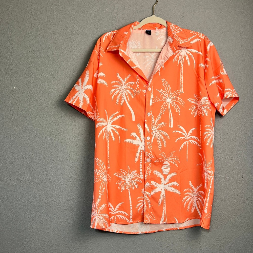 ROMWE Men's XL Orange Palm Tree Hawaiian Shirt Short Sleeve Button Up Aloha